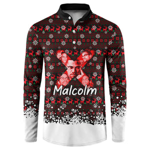Malcolm X Christmas Button Sweatshirt Retro Knitted Pattern Holiday Wreath Civil Rights Leader