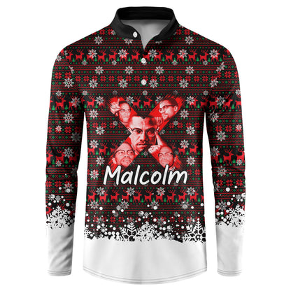 Malcolm X Christmas Button Sweatshirt Retro Knitted Pattern Holiday Wreath Civil Rights Leader