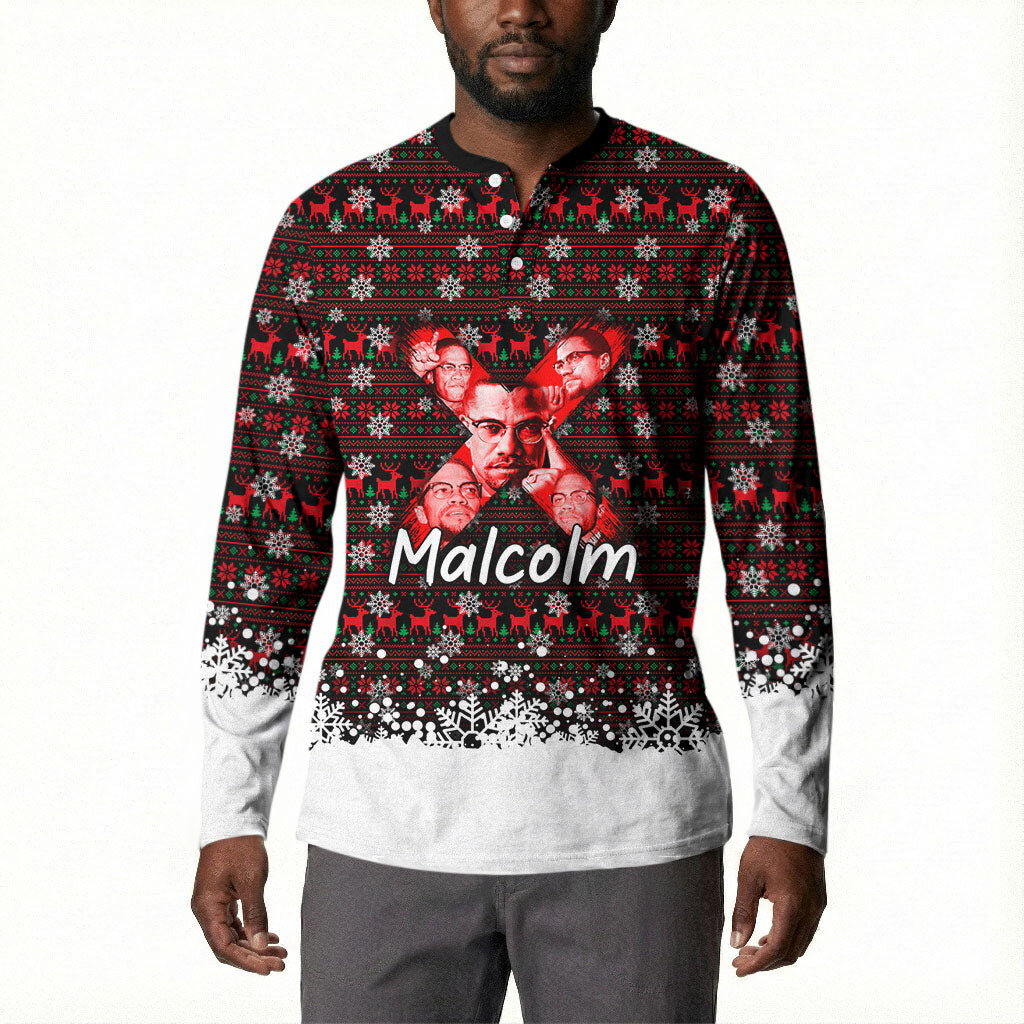 Malcolm X Christmas Button Sweatshirt Retro Knitted Pattern Holiday Wreath Civil Rights Leader