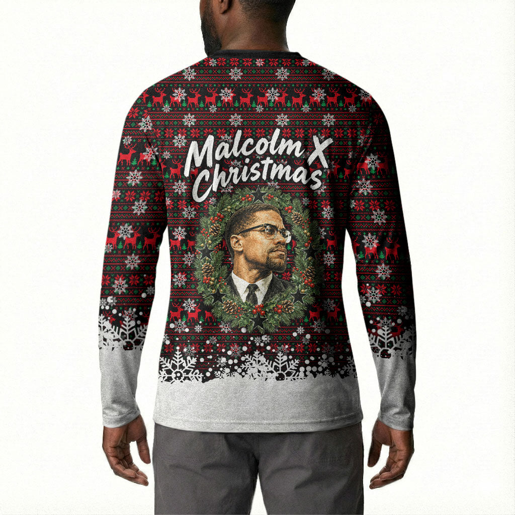 Malcolm X Christmas Button Sweatshirt Retro Knitted Pattern Holiday Wreath Civil Rights Leader