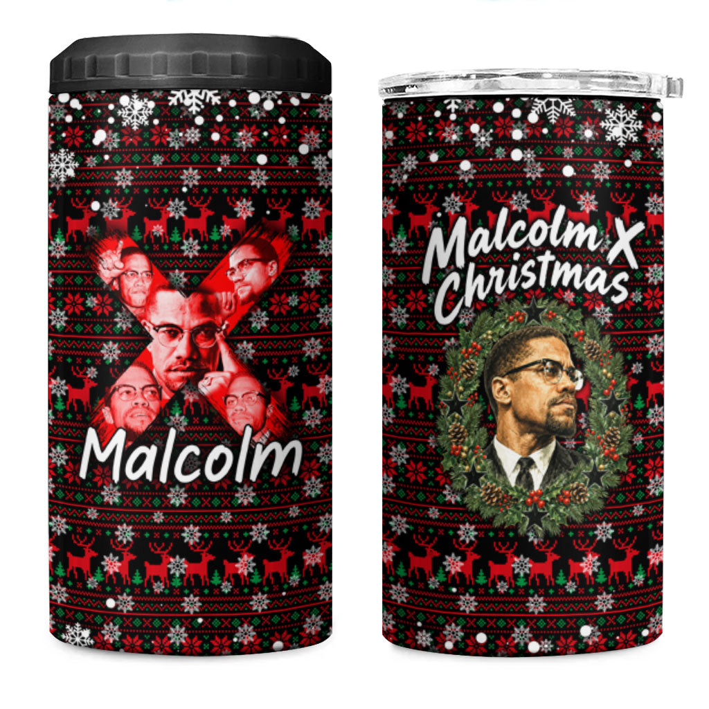 Malcolm X Christmas 4 in 1 Can Cooler Tumbler Retro Knitted Pattern Holiday Wreath Civil Rights Leader