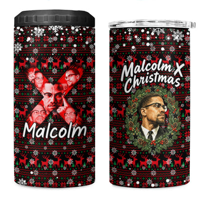 Malcolm X Christmas 4 in 1 Can Cooler Tumbler Retro Knitted Pattern Holiday Wreath Civil Rights Leader
