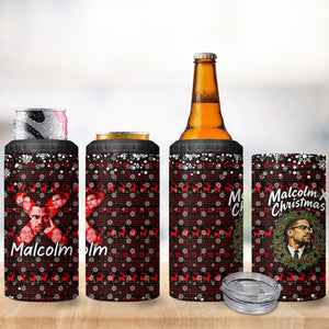 Malcolm X Christmas 4 in 1 Can Cooler Tumbler Retro Knitted Pattern Holiday Wreath Civil Rights Leader