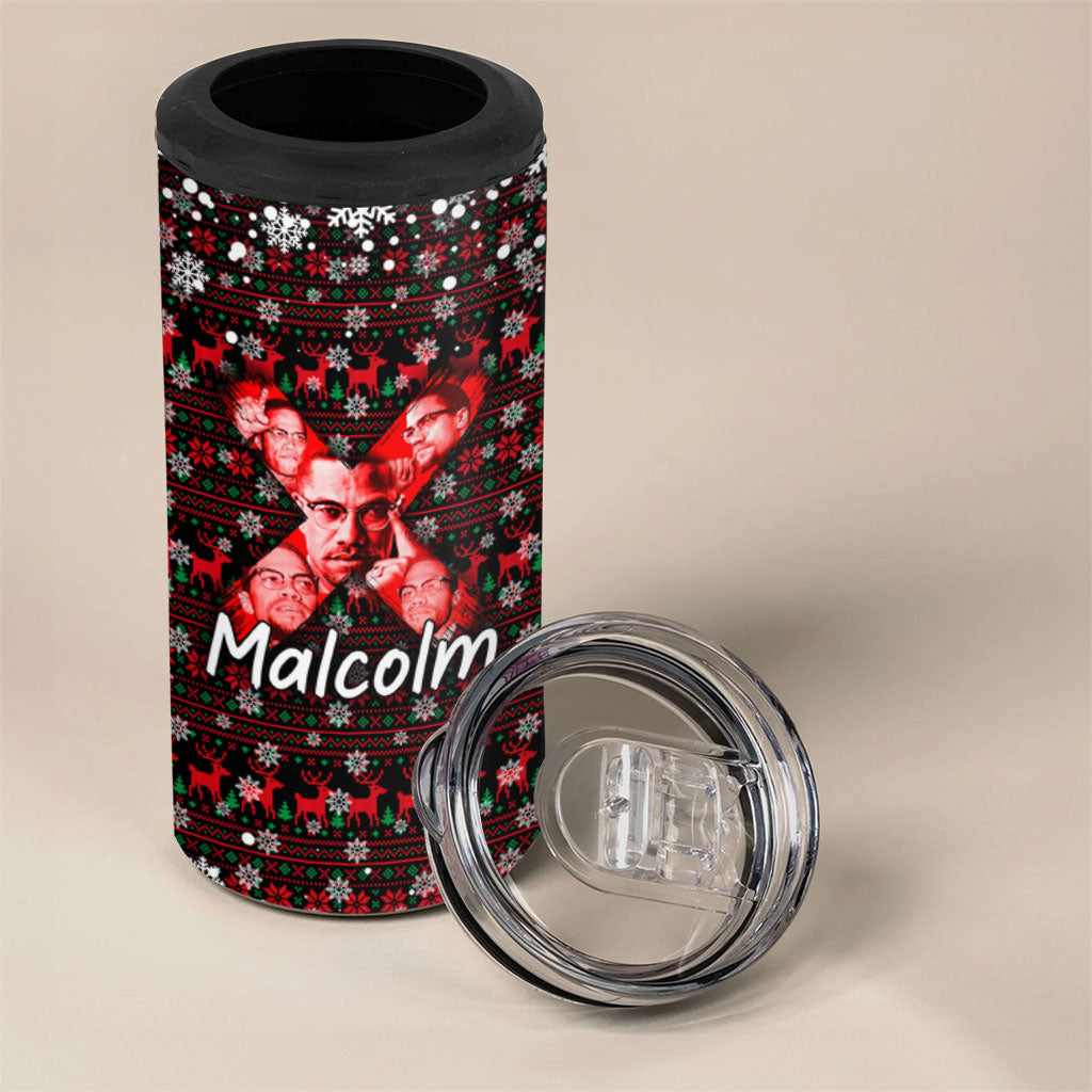 Malcolm X Christmas 4 in 1 Can Cooler Tumbler Retro Knitted Pattern Holiday Wreath Civil Rights Leader