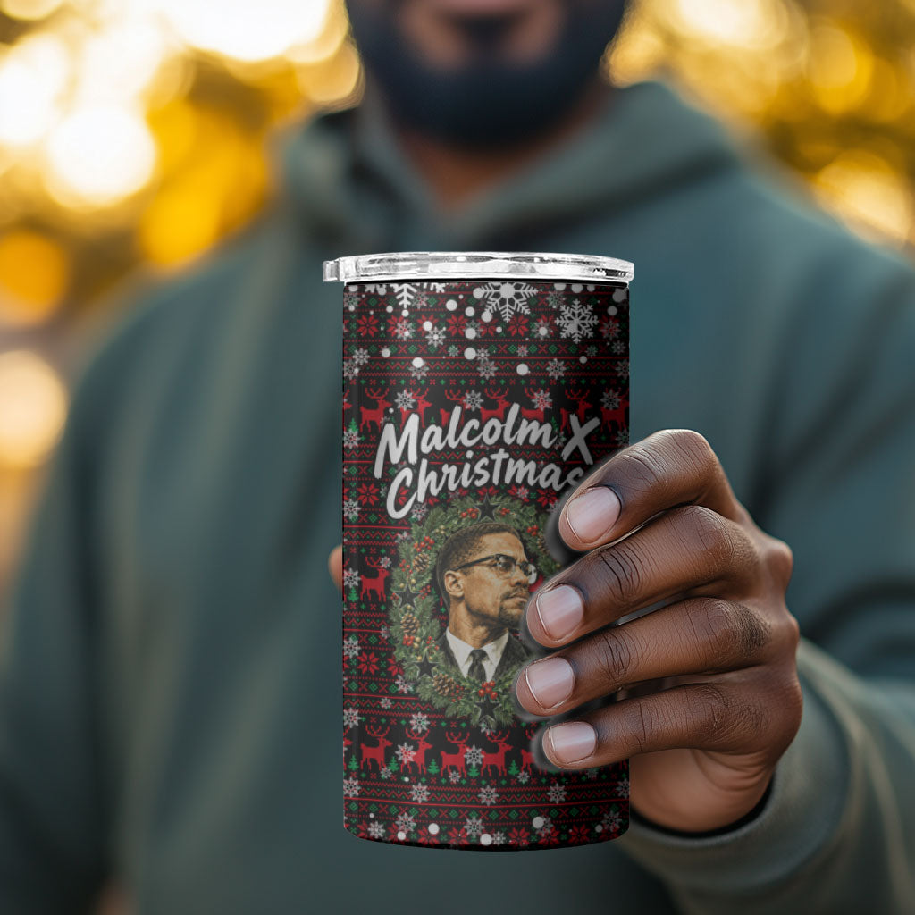 Malcolm X Christmas 4 in 1 Can Cooler Tumbler Retro Knitted Pattern Holiday Wreath Civil Rights Leader