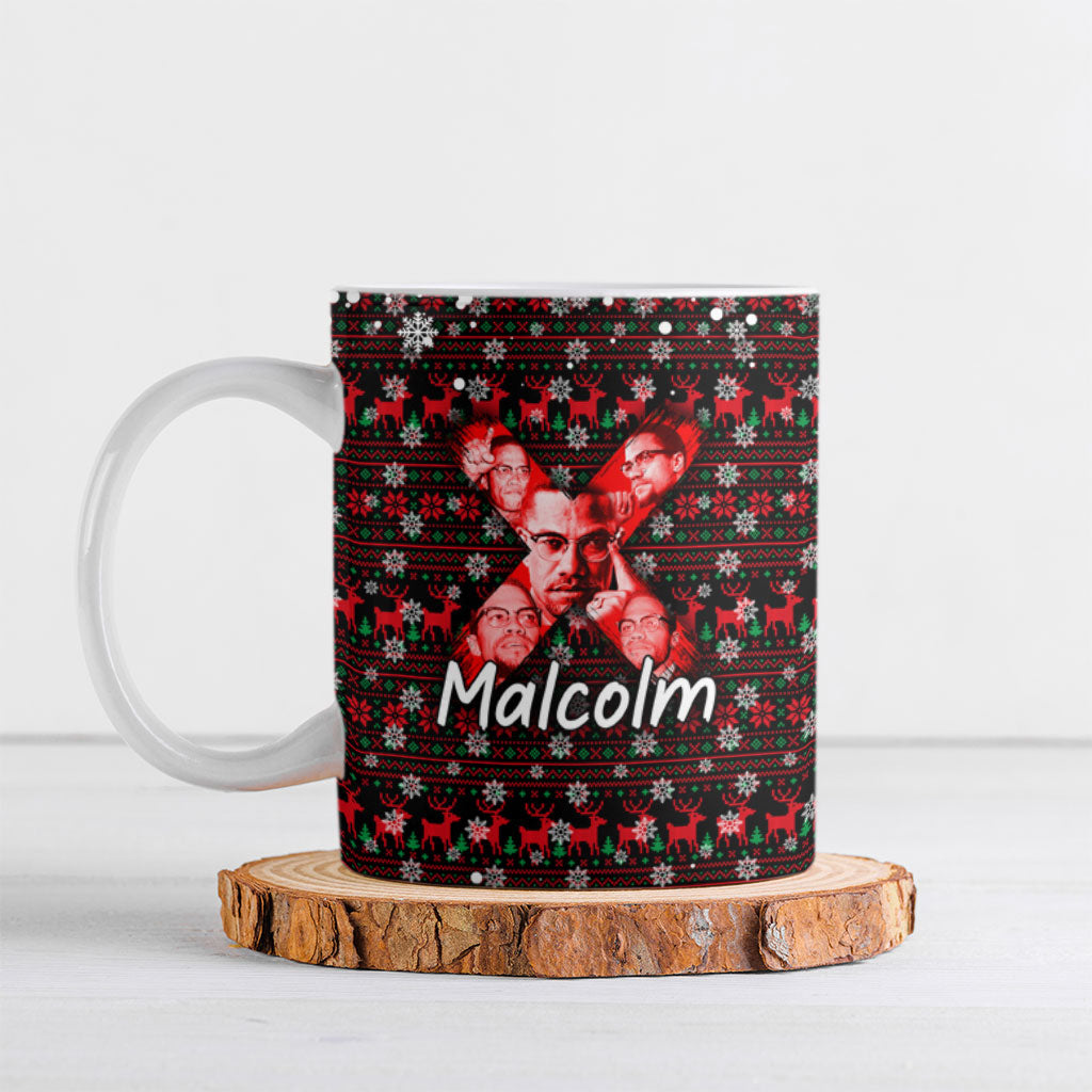 Malcolm X Christmas Ceramic Mug Retro Knitted Pattern Holiday Wreath Civil Rights Leader