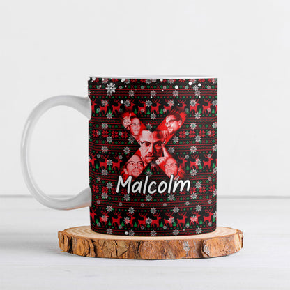Malcolm X Christmas Ceramic Mug Retro Knitted Pattern Holiday Wreath Civil Rights Leader