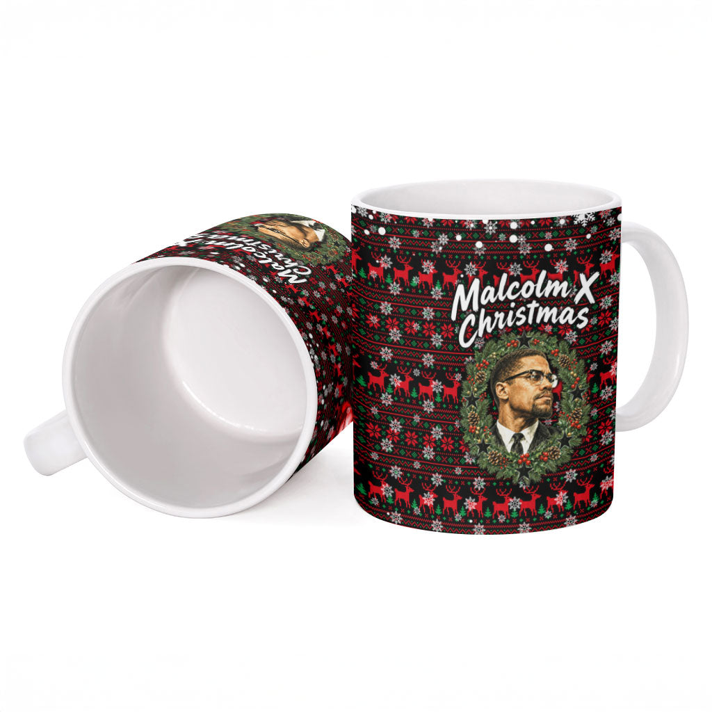 Malcolm X Christmas Ceramic Mug Retro Knitted Pattern Holiday Wreath Civil Rights Leader