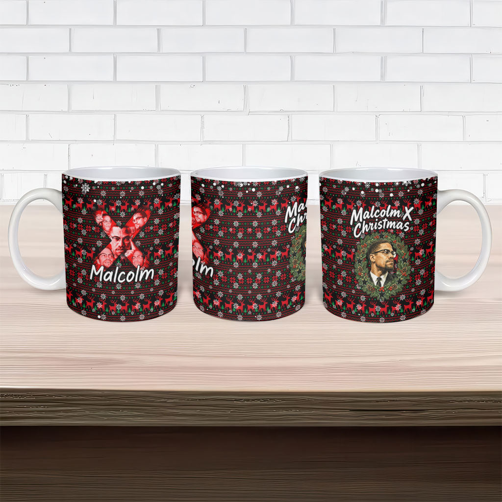 Malcolm X Christmas Ceramic Mug Retro Knitted Pattern Holiday Wreath Civil Rights Leader