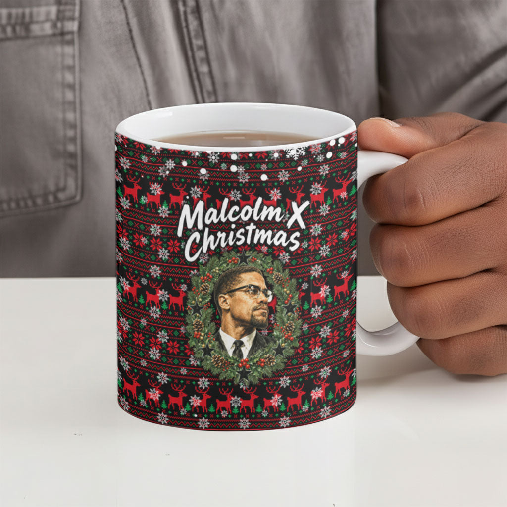 Malcolm X Christmas Ceramic Mug Retro Knitted Pattern Holiday Wreath Civil Rights Leader