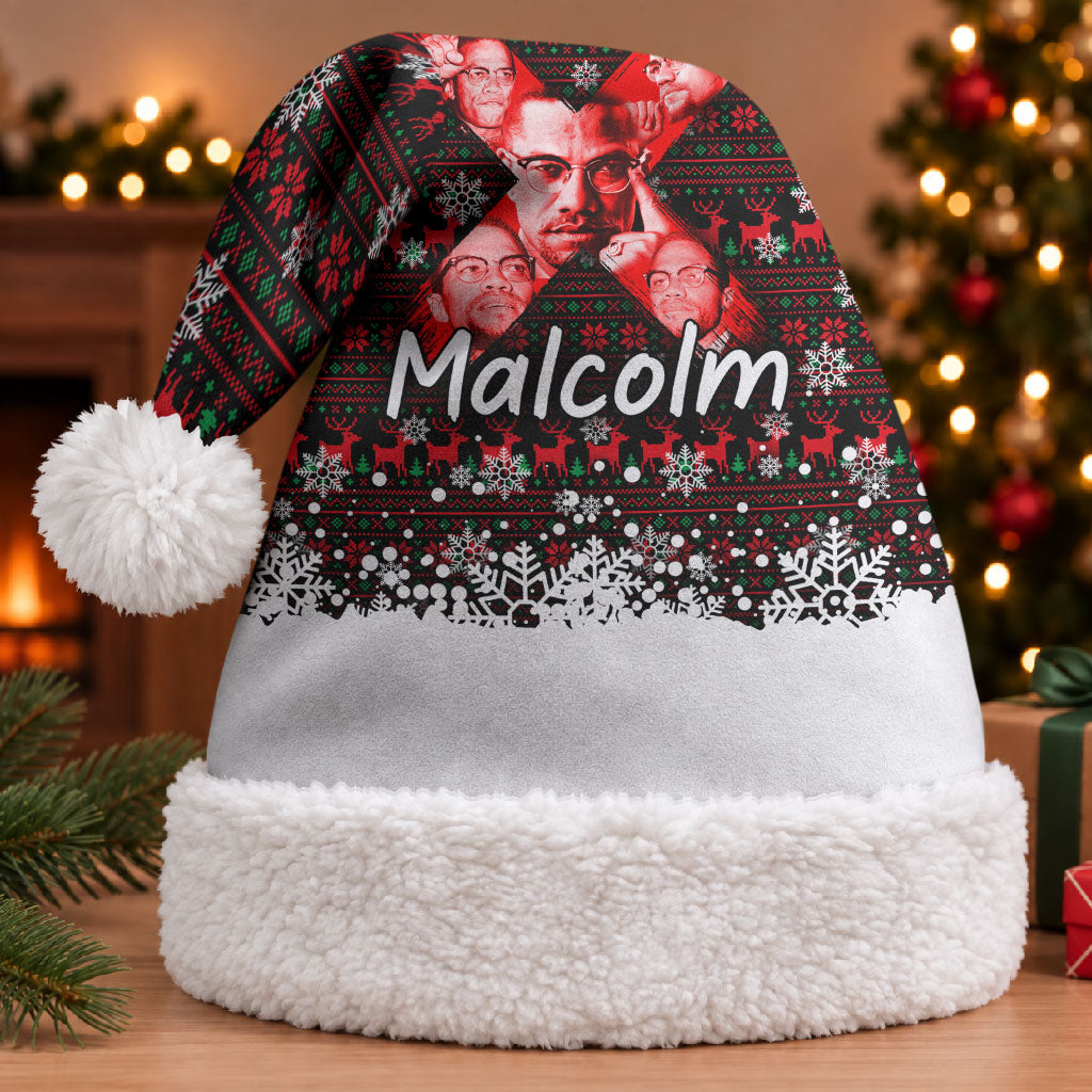 Malcolm X Christmas Santa Hat Retro Knitted Pattern Holiday Wreath Civil Rights Leader