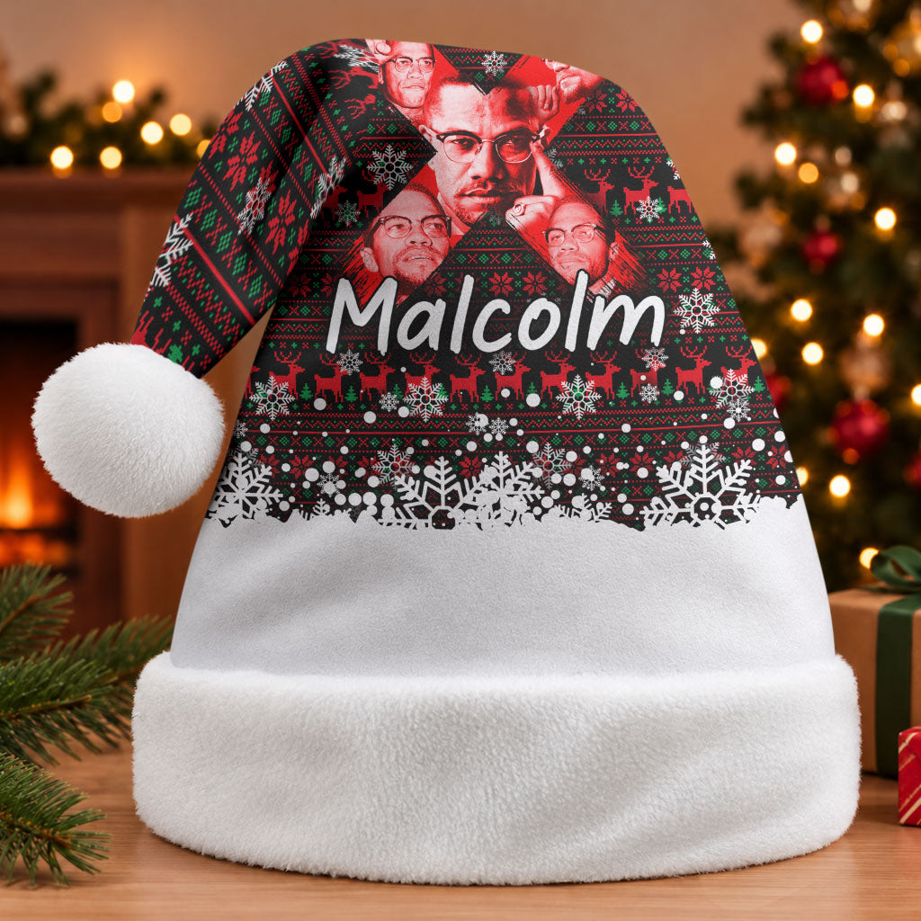 Malcolm X Christmas Santa Hat Retro Knitted Pattern Holiday Wreath Civil Rights Leader