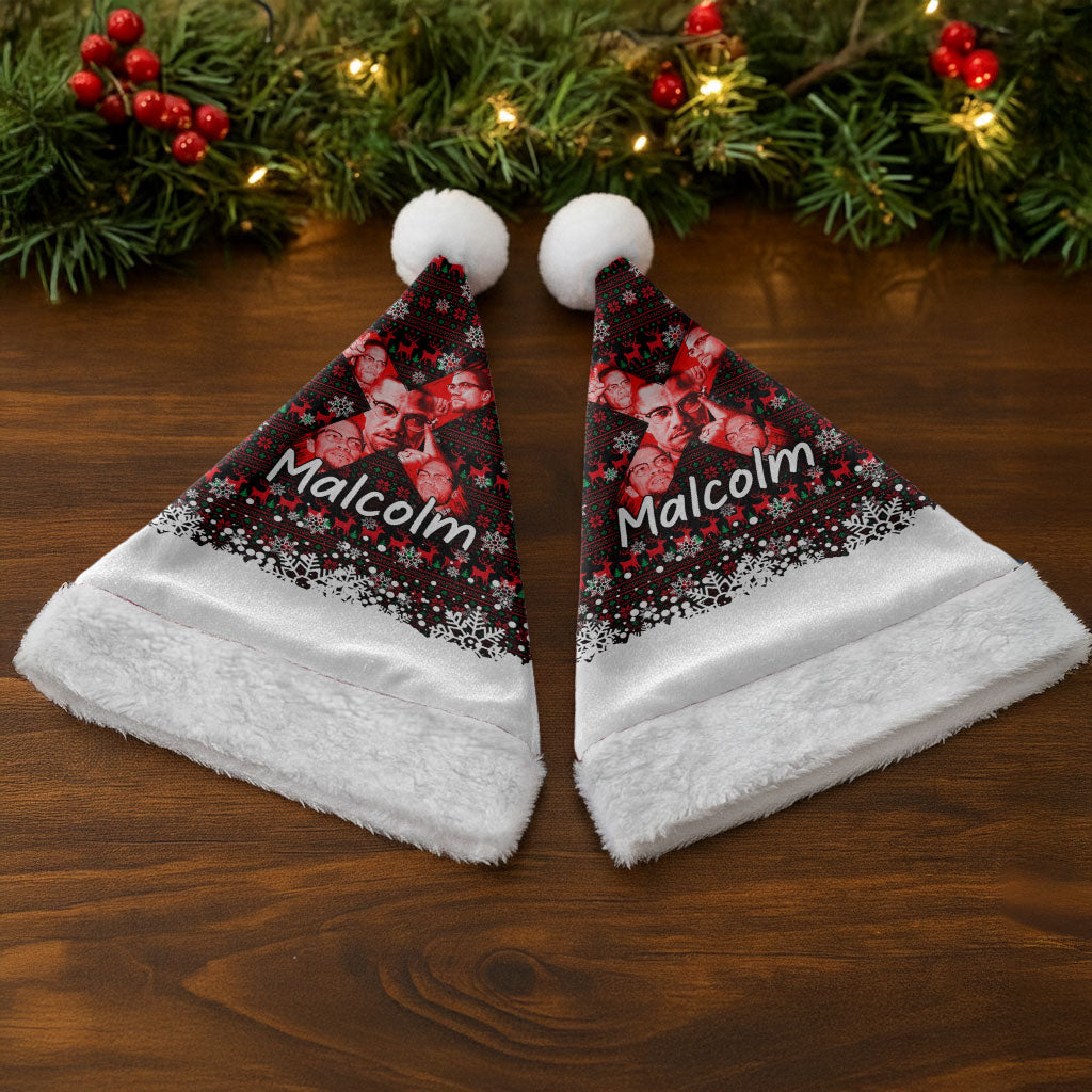 Malcolm X Christmas Santa Hat Retro Knitted Pattern Holiday Wreath Civil Rights Leader