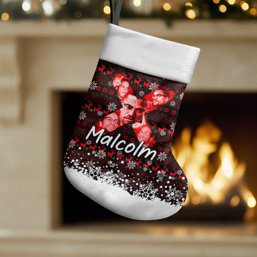 Malcolm X Christmas Stocking Retro Knitted Pattern Holiday Wreath Civil Rights Leader