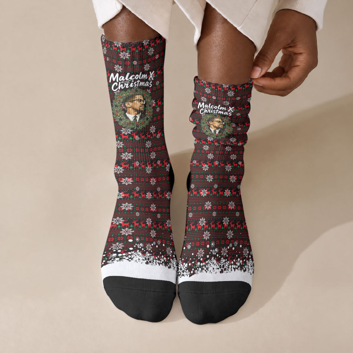 Malcolm X Christmas Crew Socks Retro Knitted Pattern Holiday Wreath Civil Rights Leader
