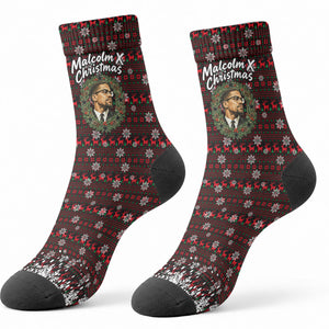 Malcolm X Christmas Crew Socks Retro Knitted Pattern Holiday Wreath Civil Rights Leader