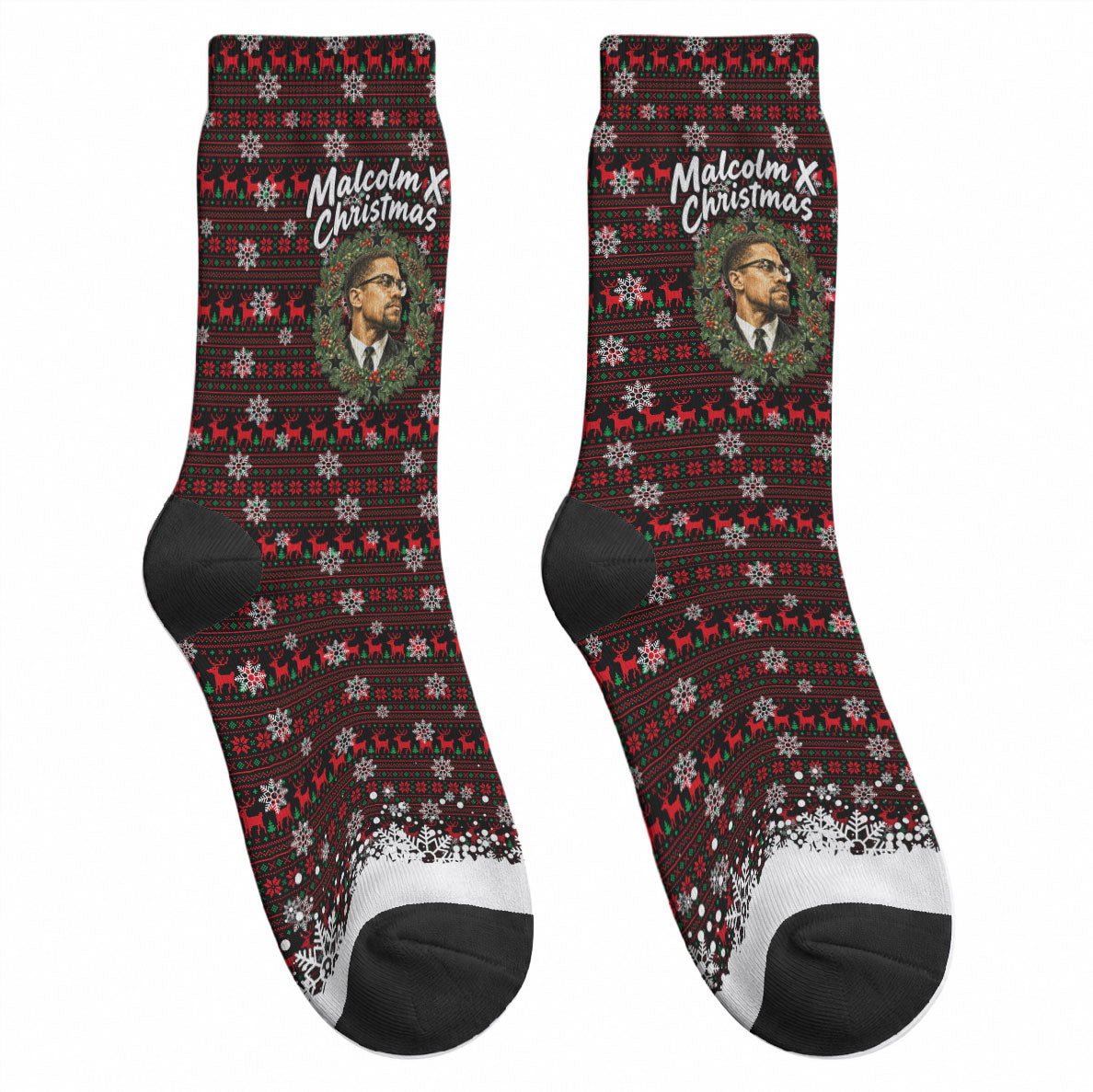 Malcolm X Christmas Crew Socks Retro Knitted Pattern Holiday Wreath Civil Rights Leader
