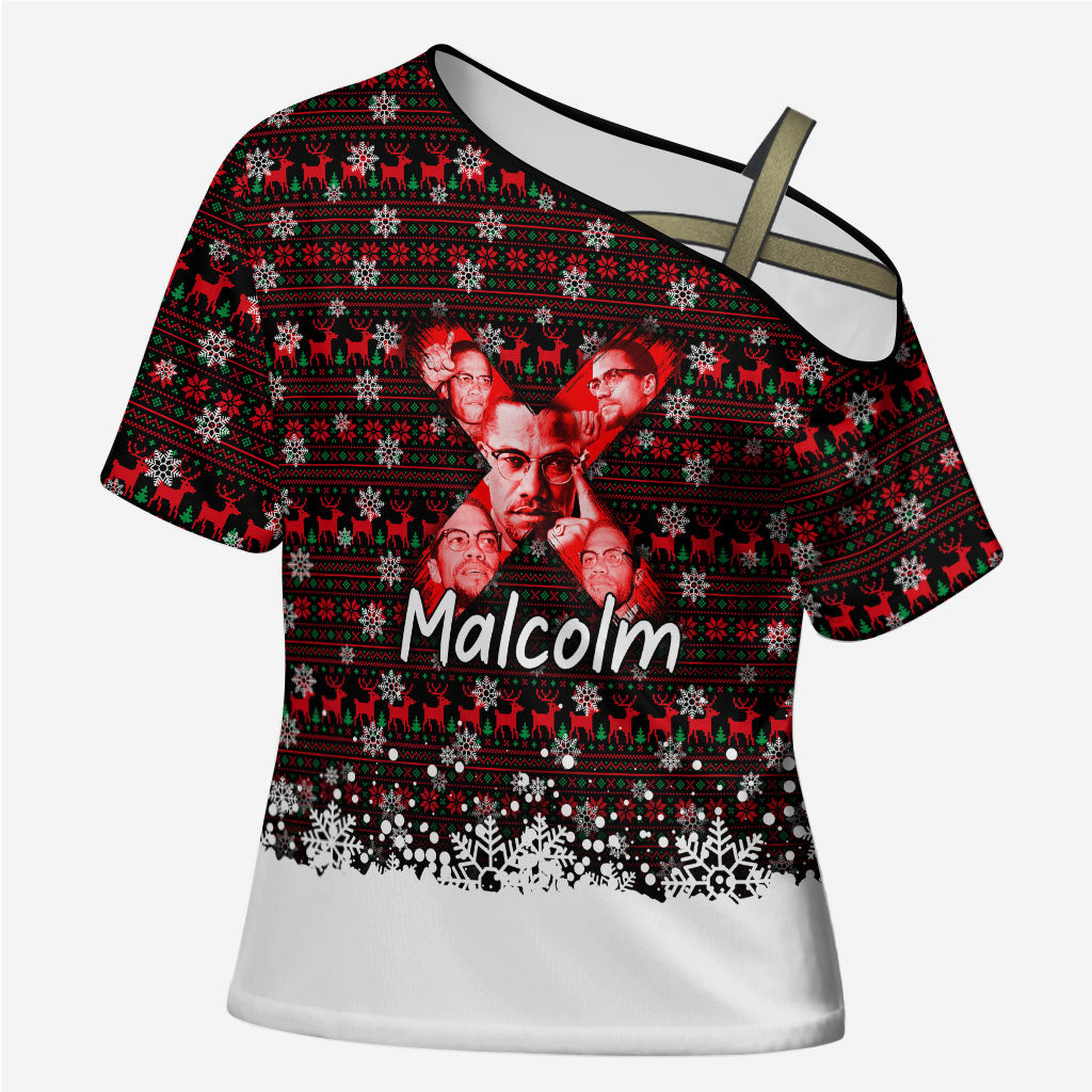 Malcolm X Christmas Cross Shoulder Shirt Retro Knitted Pattern Holiday Wreath Civil Rights Leader
