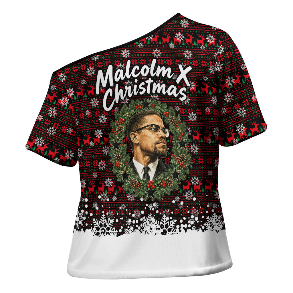 Malcolm X Christmas Cross Shoulder Shirt Retro Knitted Pattern Holiday Wreath Civil Rights Leader