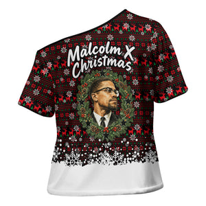Malcolm X Christmas Cross Shoulder Shirt Retro Knitted Pattern Holiday Wreath Civil Rights Leader
