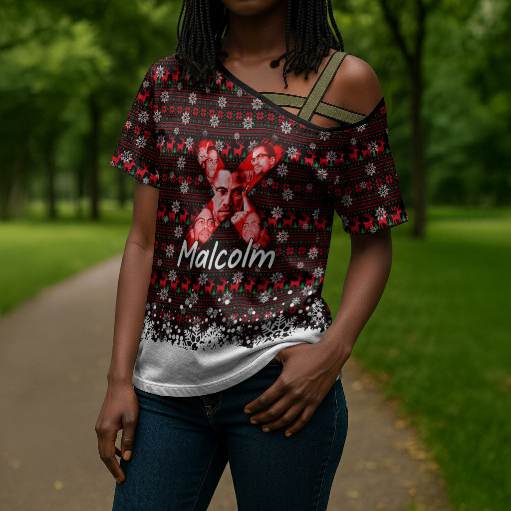 Malcolm X Christmas Cross Shoulder Shirt Retro Knitted Pattern Holiday Wreath Civil Rights Leader