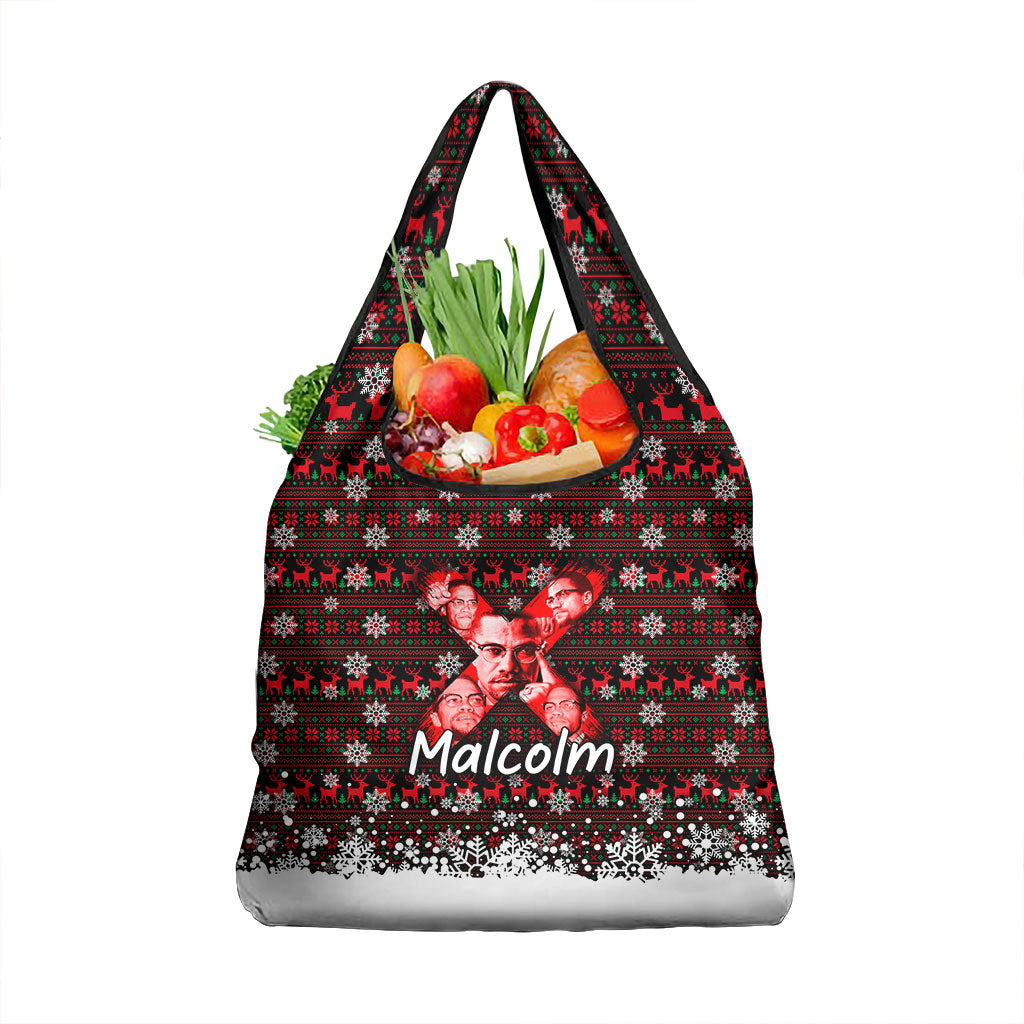 Malcolm X Christmas Grocery Bag Retro Knitted Pattern Holiday Wreath Civil Rights Leader