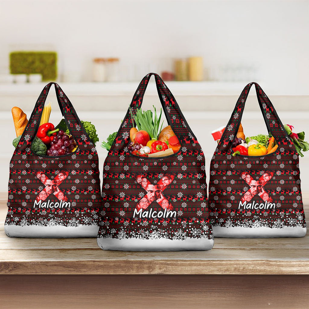 Malcolm X Christmas Grocery Bag Retro Knitted Pattern Holiday Wreath Civil Rights Leader