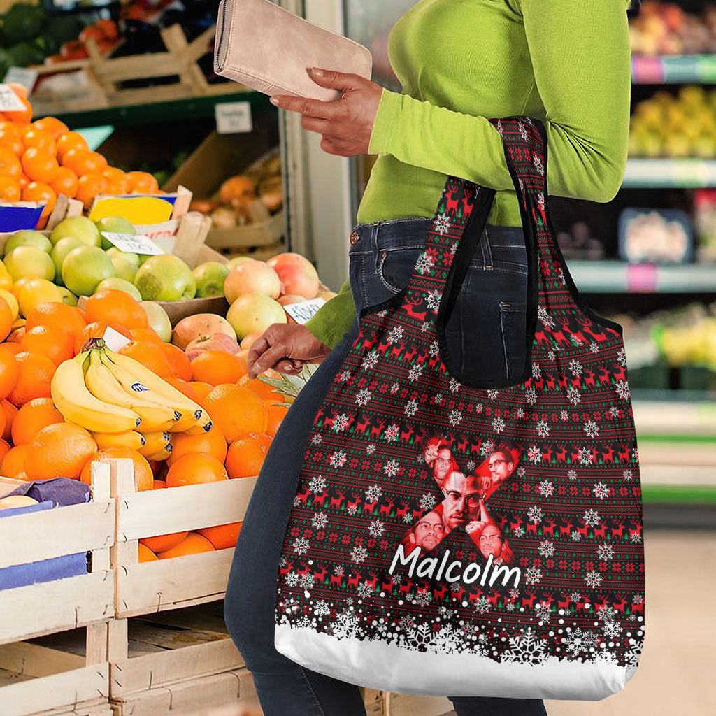 Malcolm X Christmas Grocery Bag Retro Knitted Pattern Holiday Wreath Civil Rights Leader