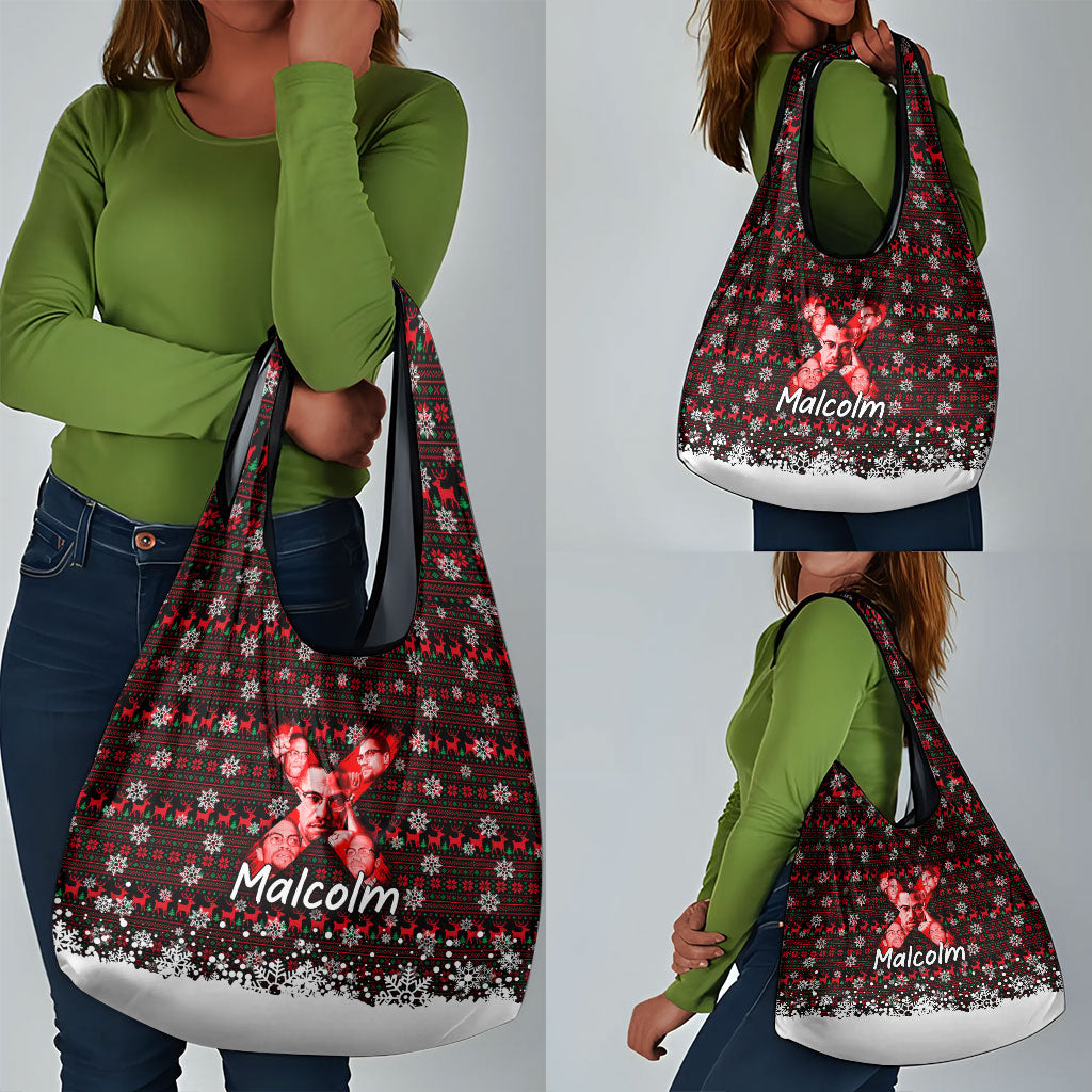 Malcolm X Christmas Grocery Bag Retro Knitted Pattern Holiday Wreath Civil Rights Leader