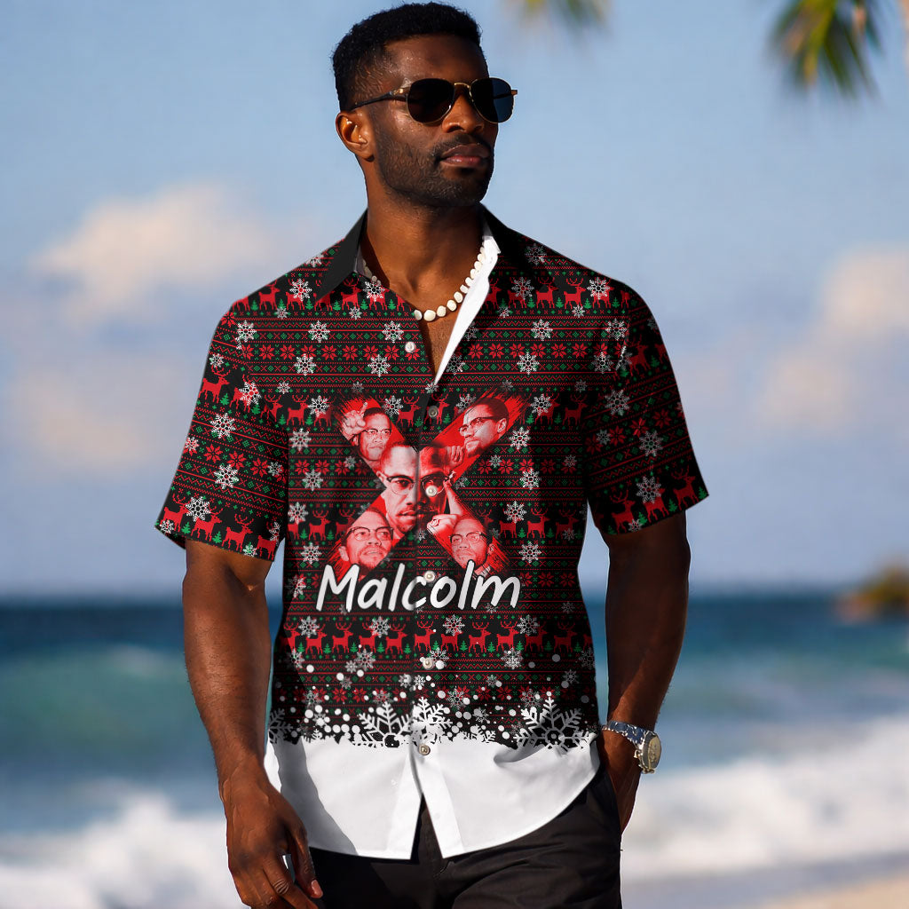 Malcolm X Christmas Hawaiian Shirt Retro Knitted Pattern Holiday Wreath Civil Rights Leader