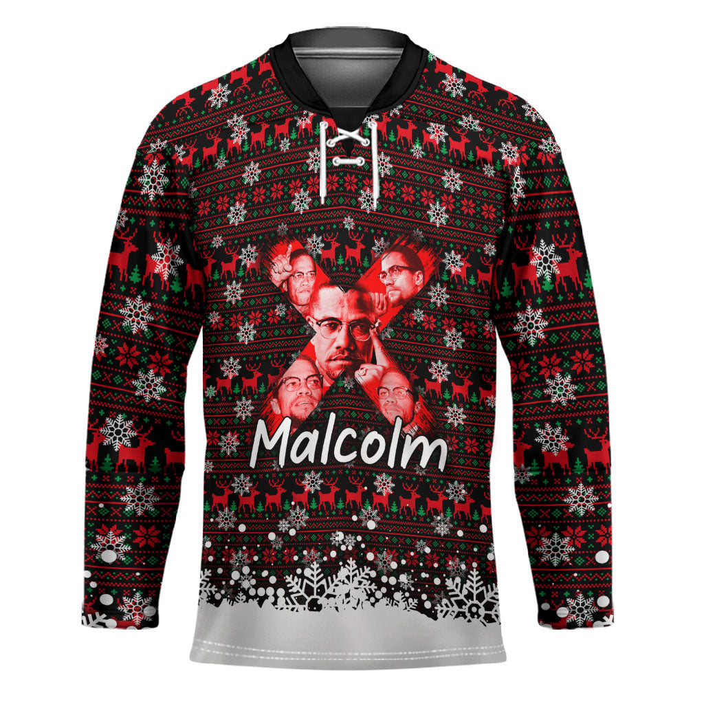 Malcolm X Christmas Hockey Jersey Retro Knitted Pattern Holiday Wreath Civil Rights Leader