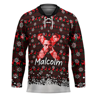 Malcolm X Christmas Hockey Jersey Retro Knitted Pattern Holiday Wreath Civil Rights Leader