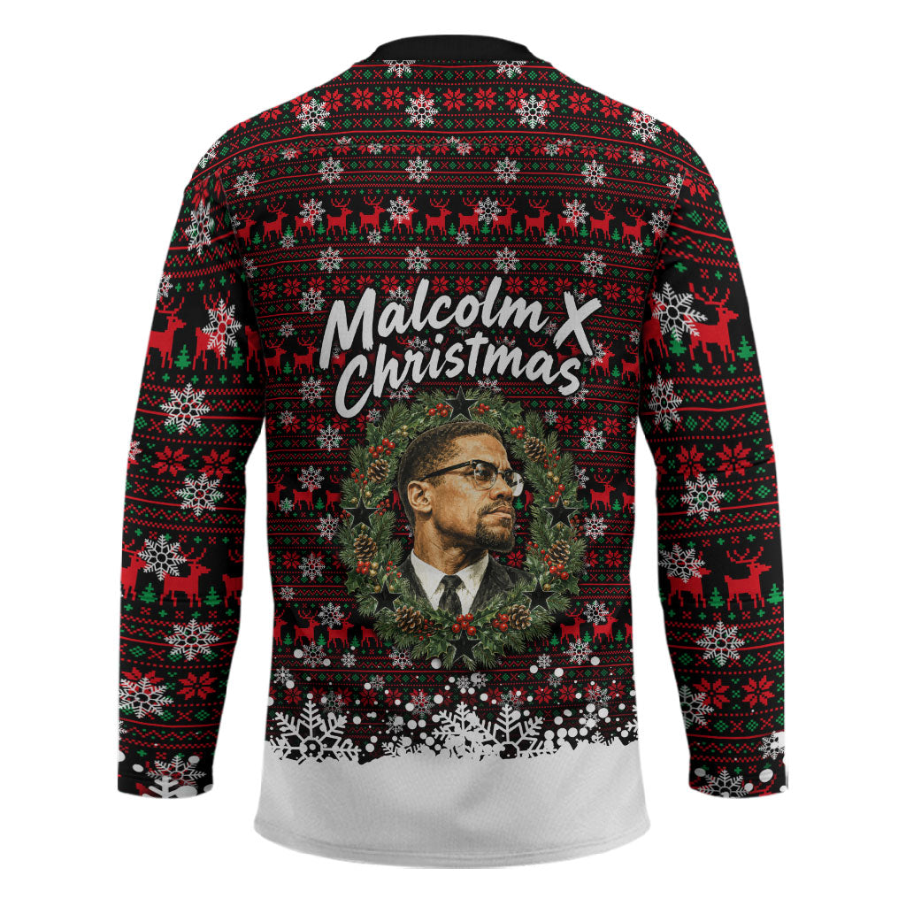 Malcolm X Christmas Hockey Jersey Retro Knitted Pattern Holiday Wreath Civil Rights Leader