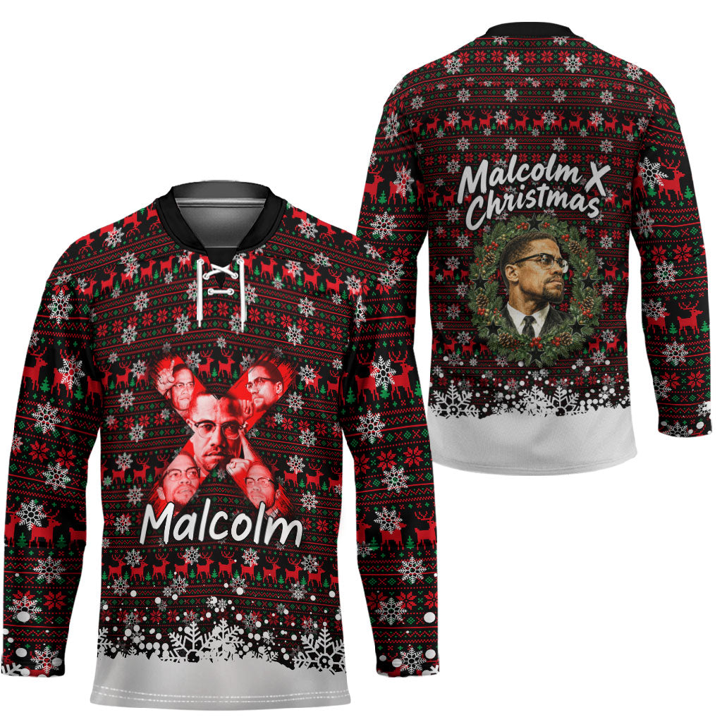 Malcolm X Christmas Hockey Jersey Retro Knitted Pattern Holiday Wreath Civil Rights Leader