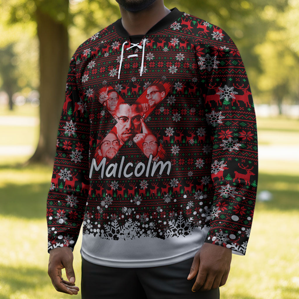Malcolm X Christmas Hockey Jersey Retro Knitted Pattern Holiday Wreath Civil Rights Leader