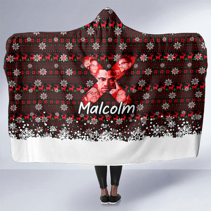 Malcolm X Christmas Hooded Blanket Retro Knitted Pattern Holiday Wreath Civil Rights Leader