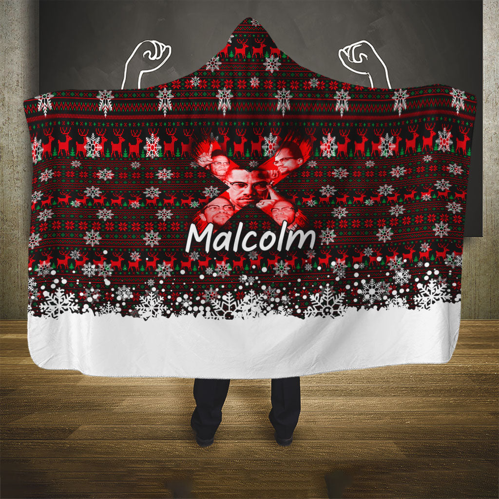 Malcolm X Christmas Hooded Blanket Retro Knitted Pattern Holiday Wreath Civil Rights Leader