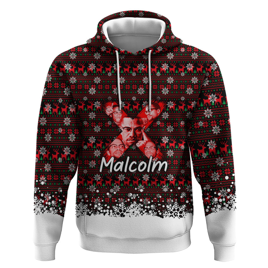 Malcolm X Christmas Hoodie Retro Knitted Pattern Holiday Wreath Civil Rights Leader