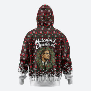 Malcolm X Christmas Hoodie Retro Knitted Pattern Holiday Wreath Civil Rights Leader