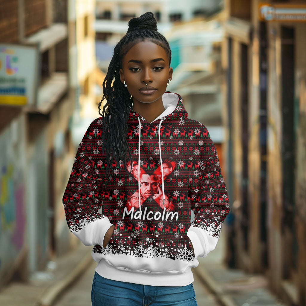 Malcolm X Christmas Hoodie Retro Knitted Pattern Holiday Wreath Civil Rights Leader