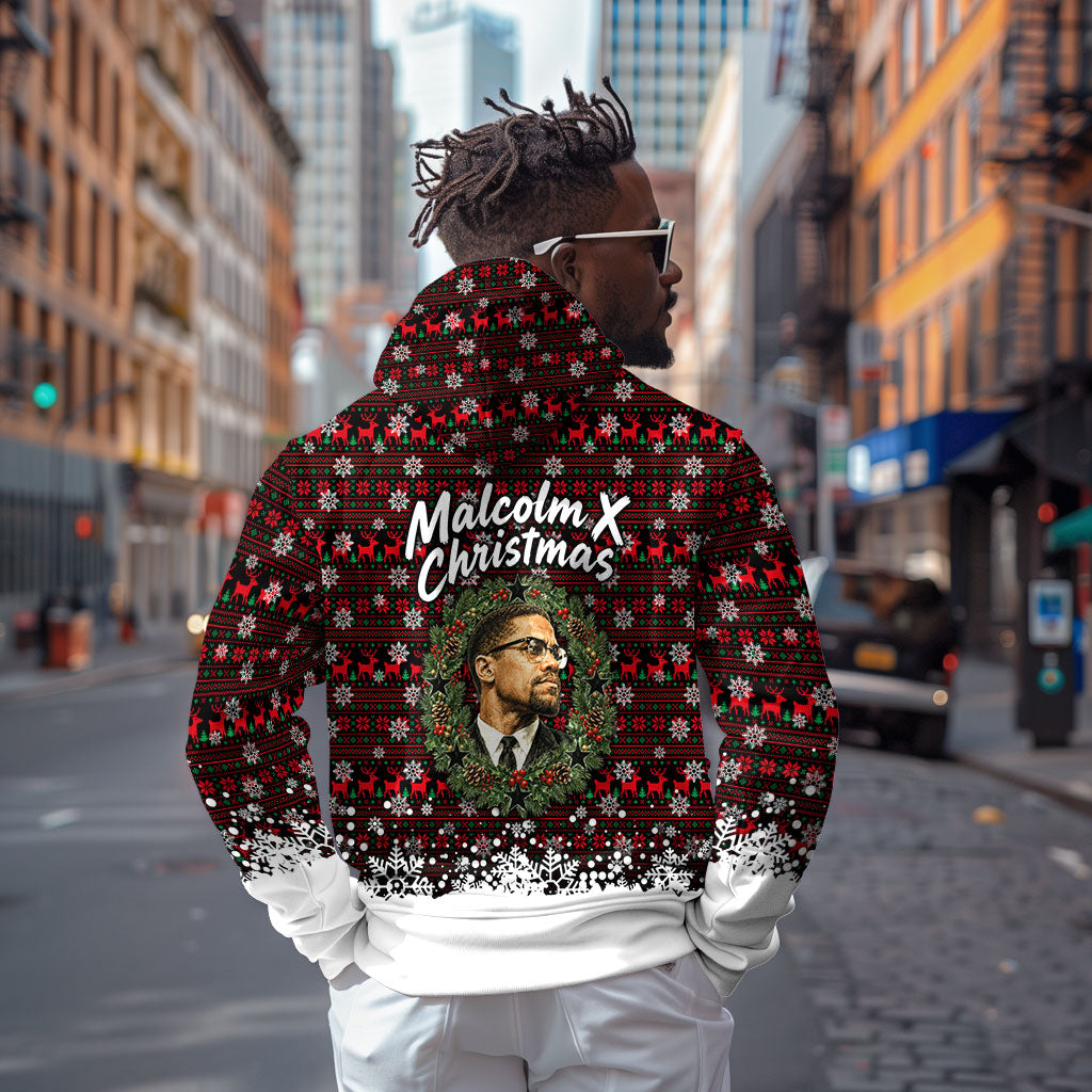 Malcolm X Christmas Hoodie Retro Knitted Pattern Holiday Wreath Civil Rights Leader