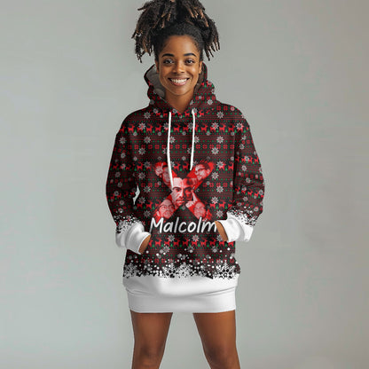 Malcolm X Christmas Hoodie Dress Retro Knitted Pattern Holiday Wreath Civil Rights Leader