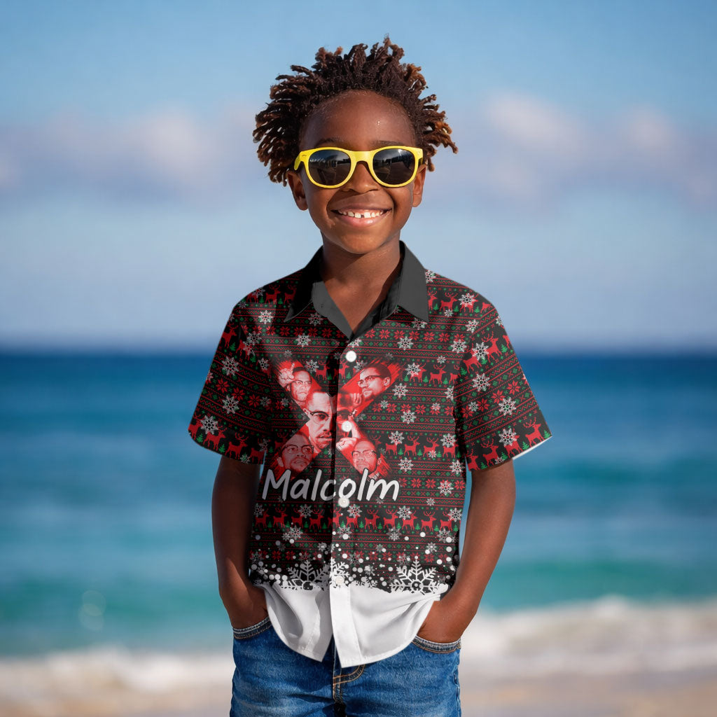 Malcolm X Christmas Kid Hawaiian Shirt Retro Knitted Pattern Holiday Wreath Civil Rights Leader