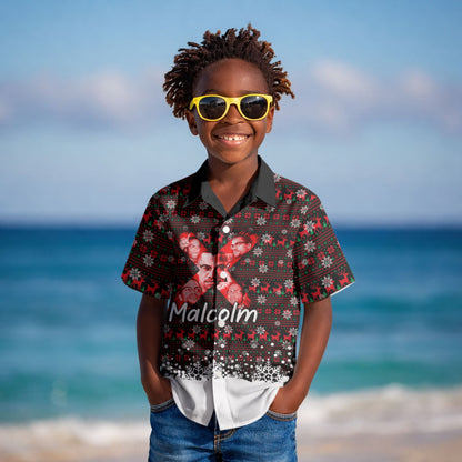 Malcolm X Christmas Kid Hawaiian Shirt Retro Knitted Pattern Holiday Wreath Civil Rights Leader