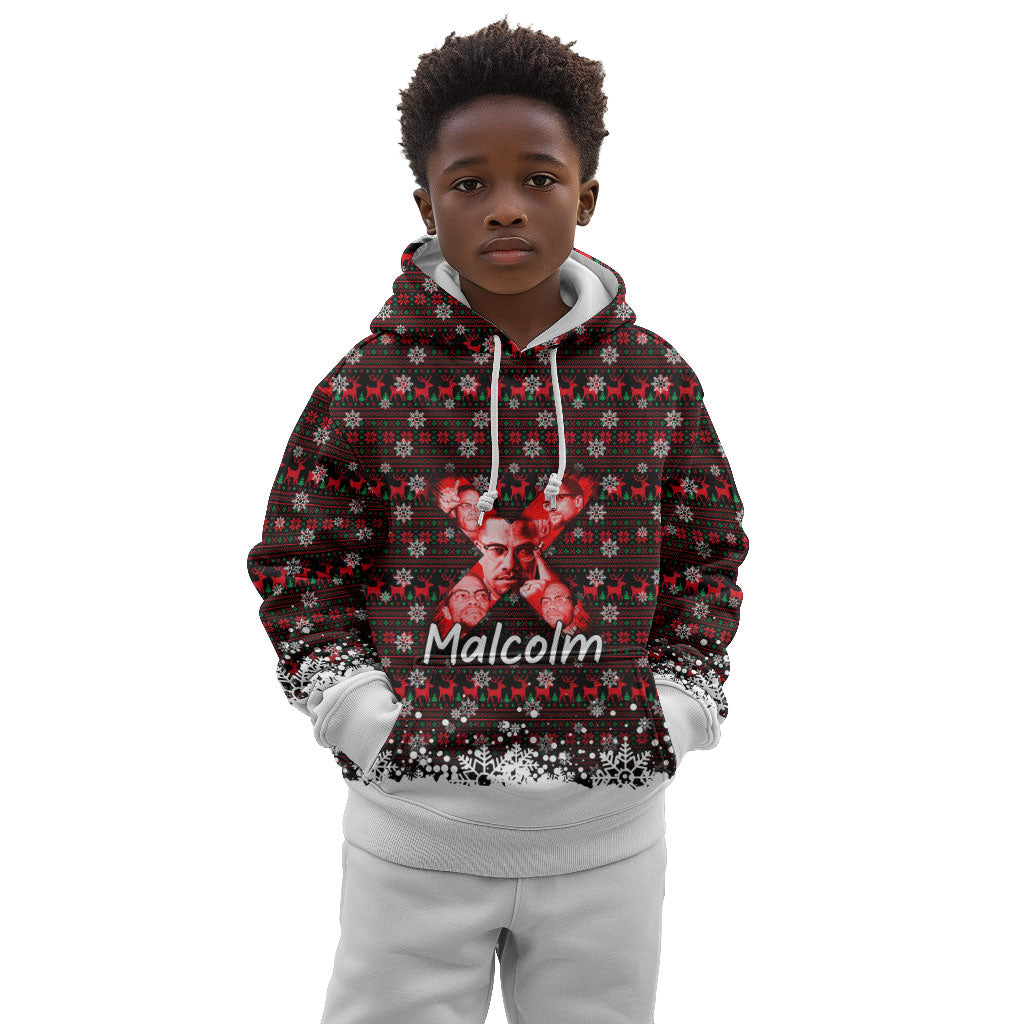 Malcolm X Christmas Kid Hoodie Retro Knitted Pattern Holiday Wreath Civil Rights Leader