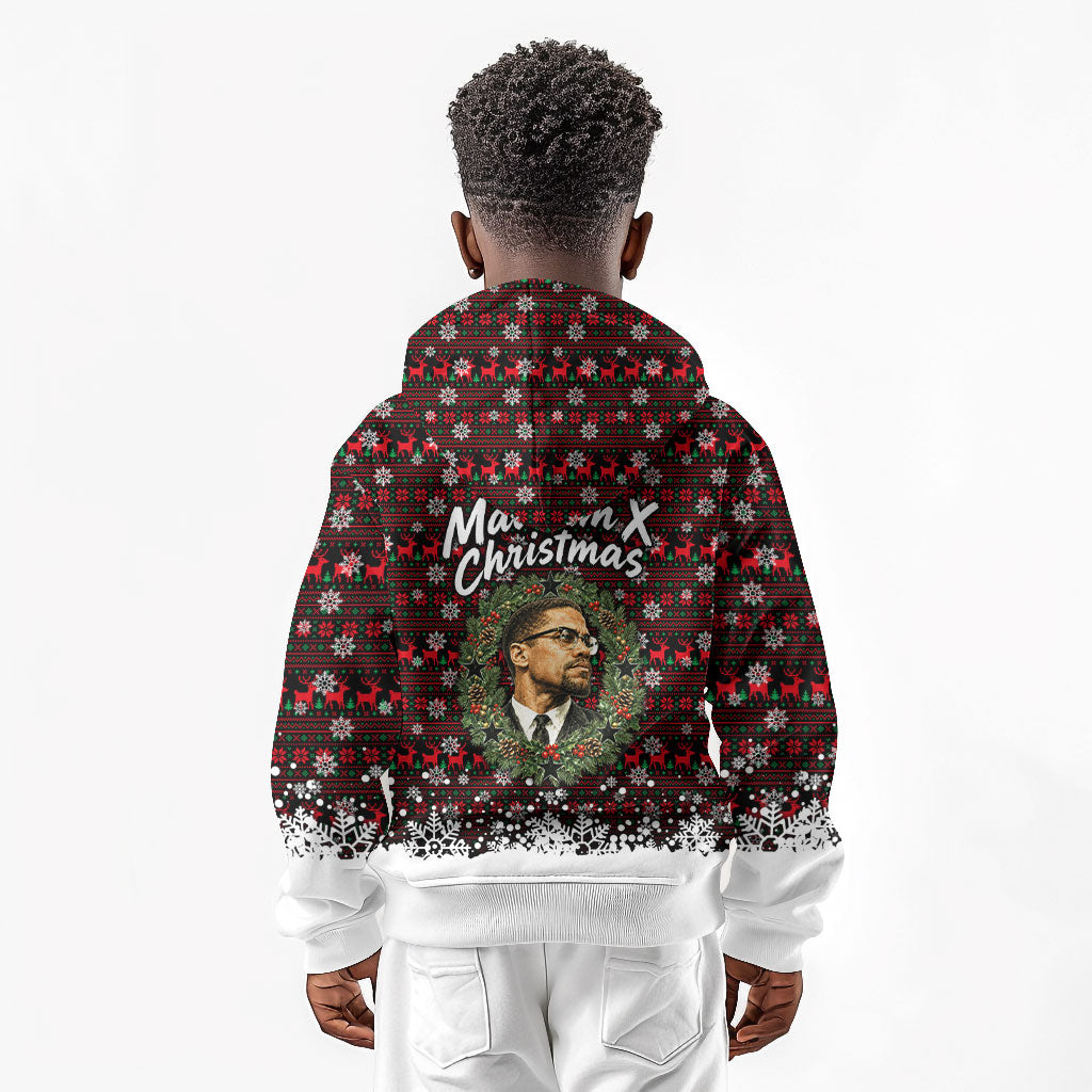 Malcolm X Christmas Kid Hoodie Retro Knitted Pattern Holiday Wreath Civil Rights Leader