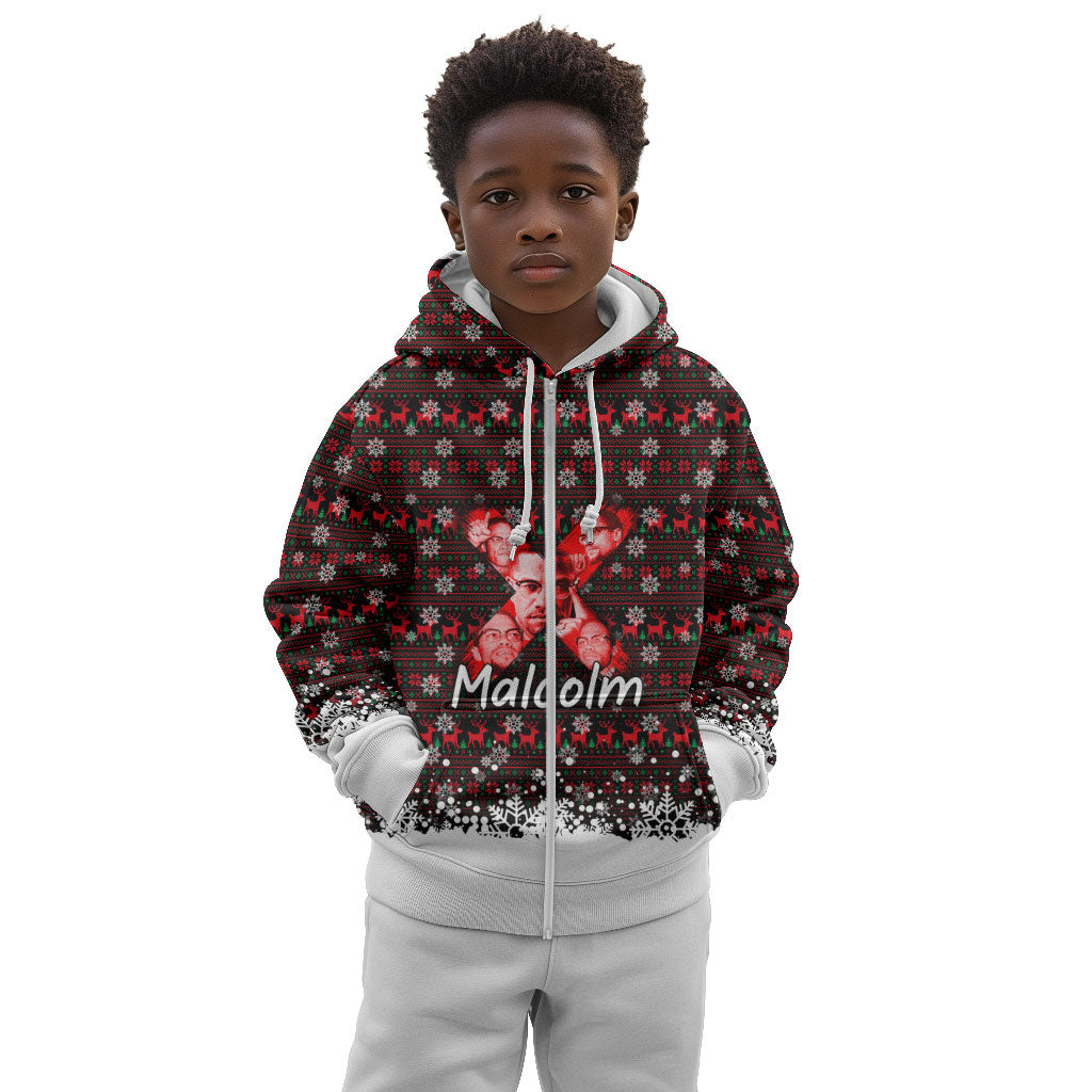 Malcolm X Christmas Kid Hoodie Retro Knitted Pattern Holiday Wreath Civil Rights Leader