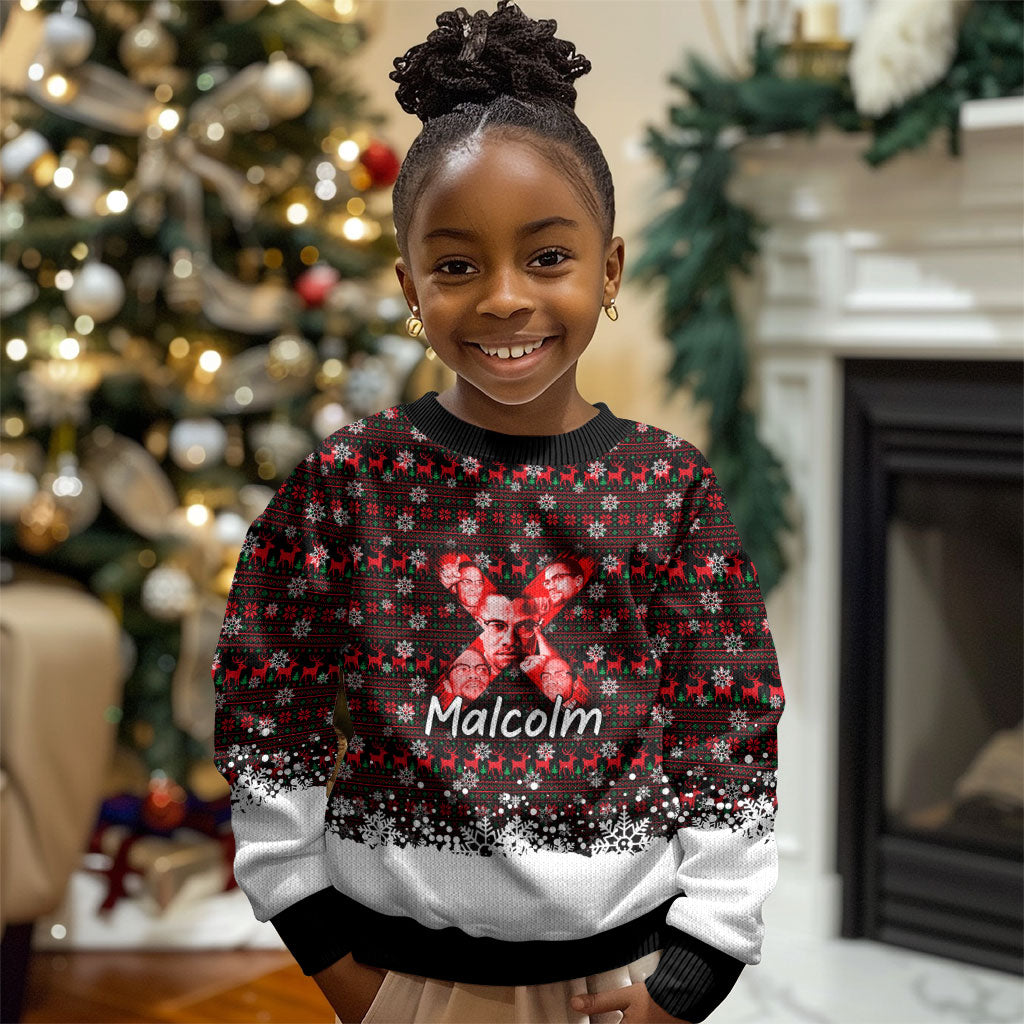 Malcolm X Christmas Kid Ugly Christmas Sweater Retro Knitted Pattern Holiday Wreath Civil Rights Leader