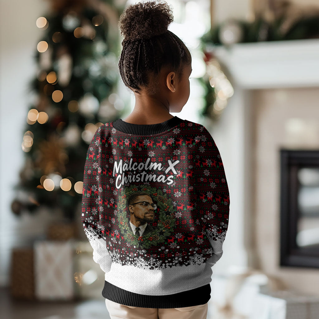 Malcolm X Christmas Kid Ugly Christmas Sweater Retro Knitted Pattern Holiday Wreath Civil Rights Leader