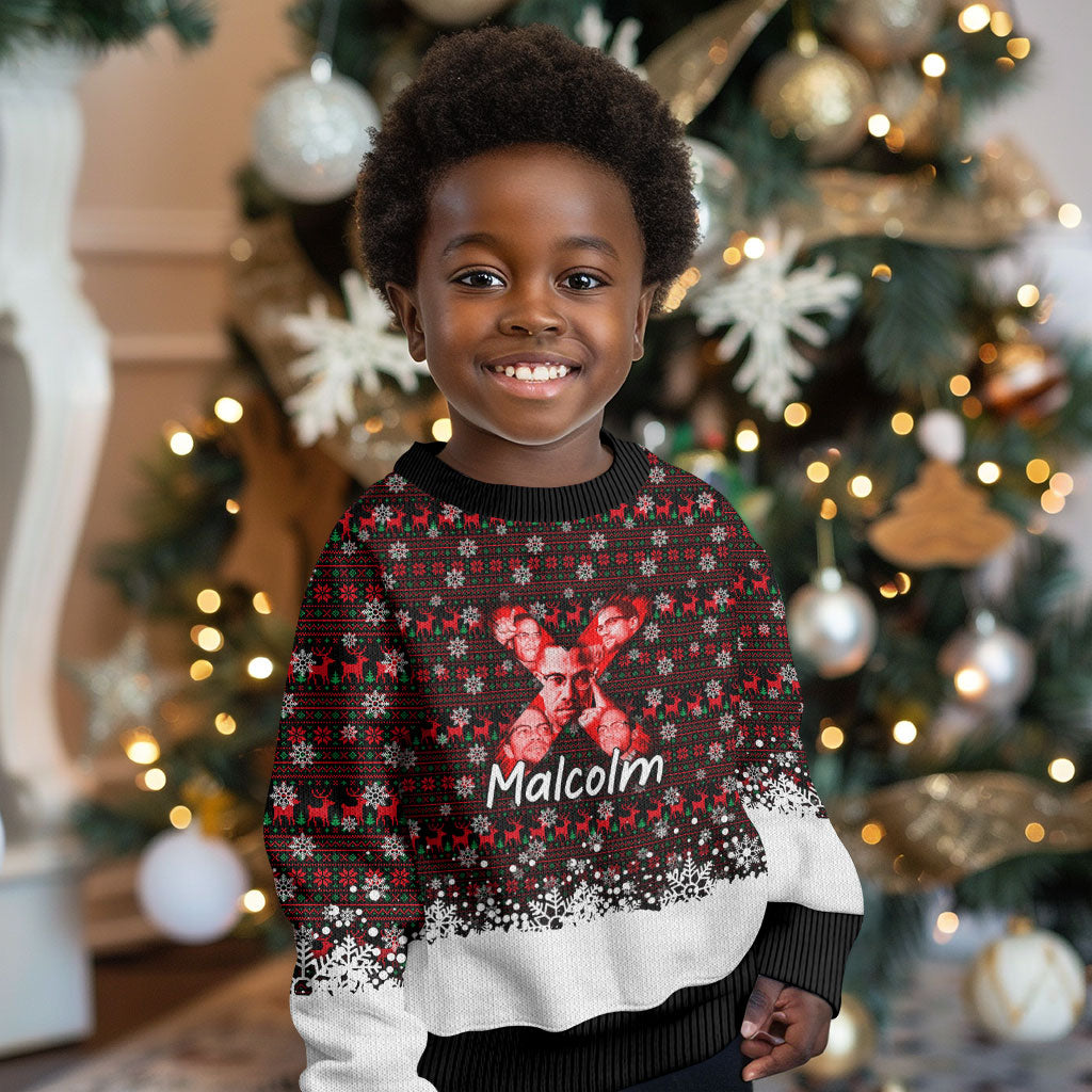 Malcolm X Christmas Kid Ugly Christmas Sweater Retro Knitted Pattern Holiday Wreath Civil Rights Leader